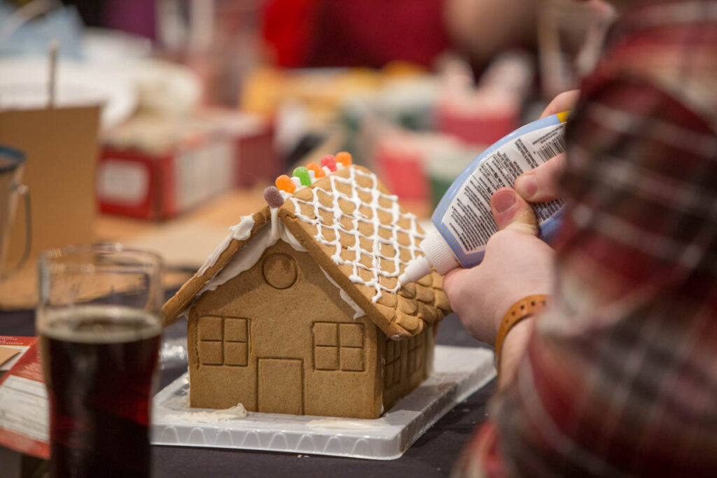 Gingerbread house decorating for Christmas at 49th State Brewing