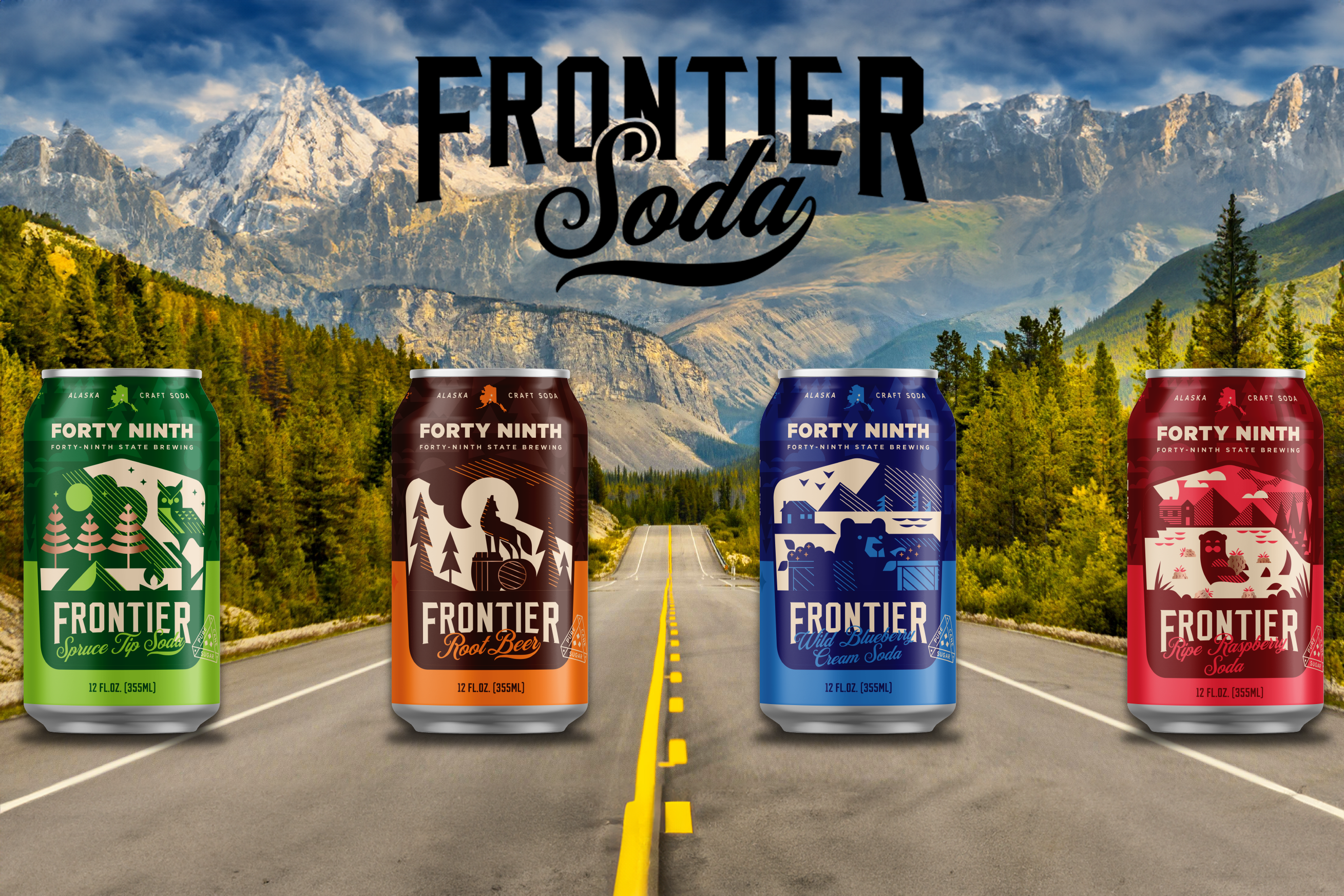 Frontier Soda, Spruce Tip, Root Beer, Blueberry Cream, Ripe Raspberry